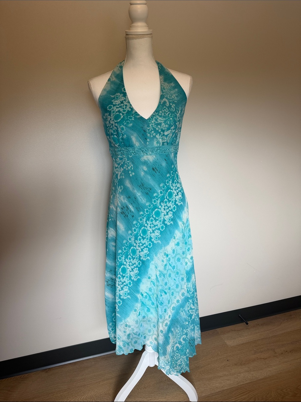 Y2K VINTAGE Turquoise Floral Halter Midi Dress size 6